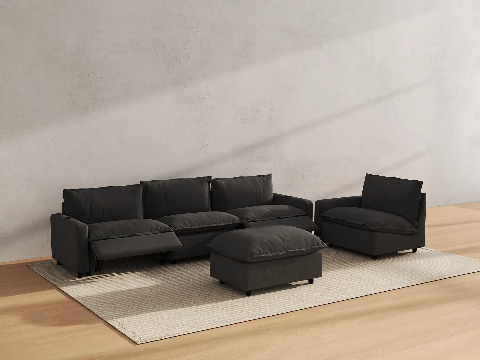 Modular Cero Living Room Sofa Set Recliner | 5-Piece Grey Linen Open Plan Sofa Sets 4-Seater with 1-Ottoman