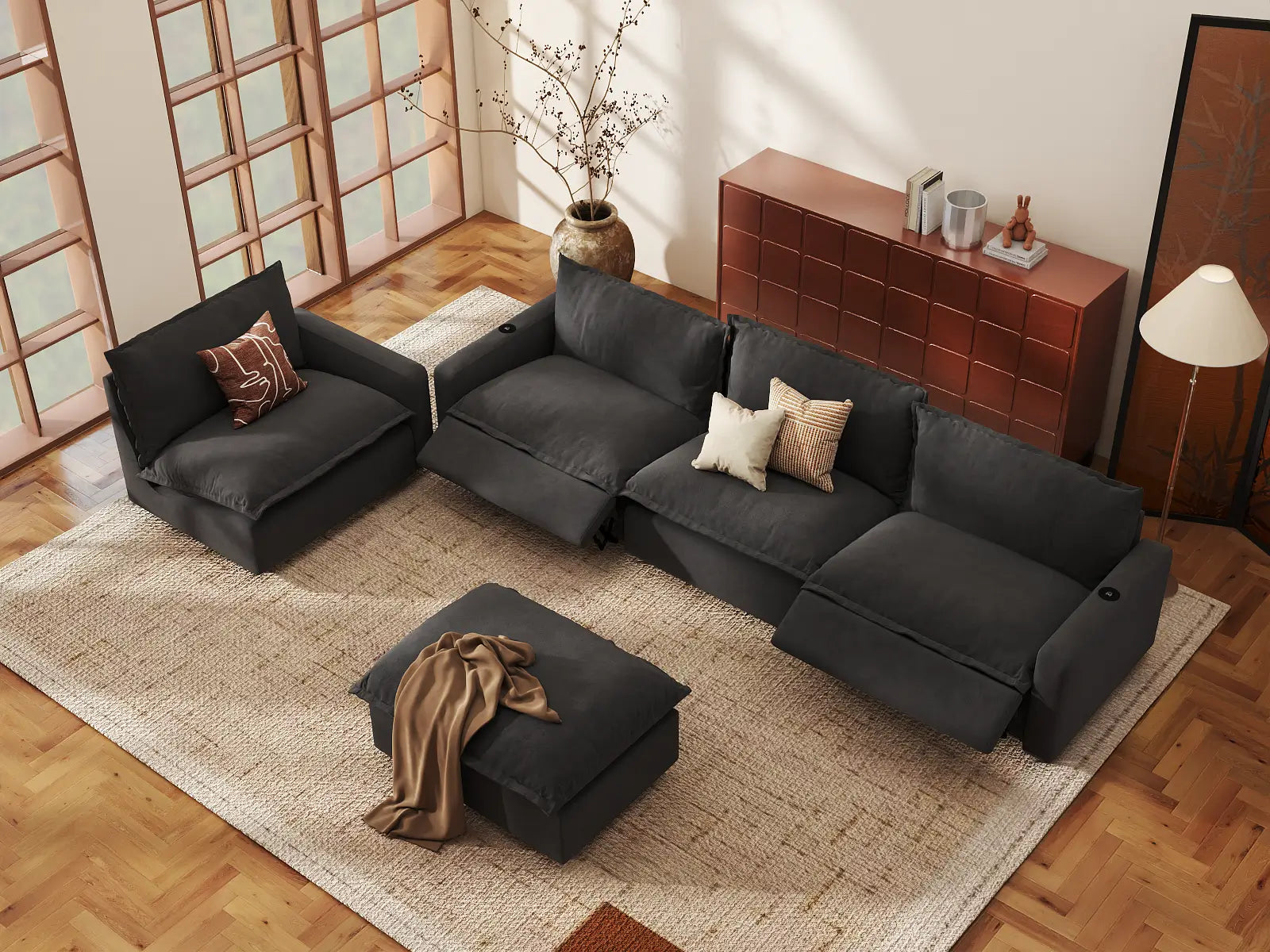 Modular Cero Living Room Sofa Set Recliner | 5-Piece Grey Linen Open Plan Sofa Sets 4-Seater with 1-Ottoman