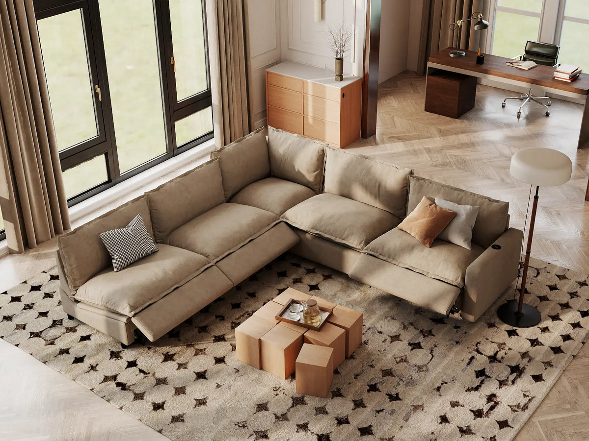 Modular Cero Reclining Sectionals | 5-Piece Khaki Linen Grand Estate V-Shaped Sectionals 5-Seater