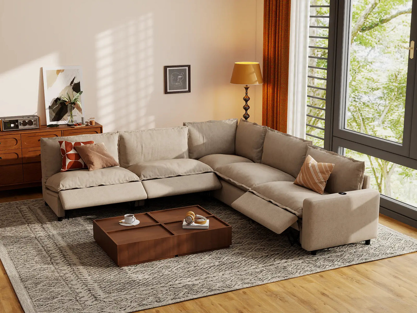 Modular Cero Reclining Sectionals | 5-Piece Khaki Linen Grand Estate V-Shaped Sectionals 5-Seater