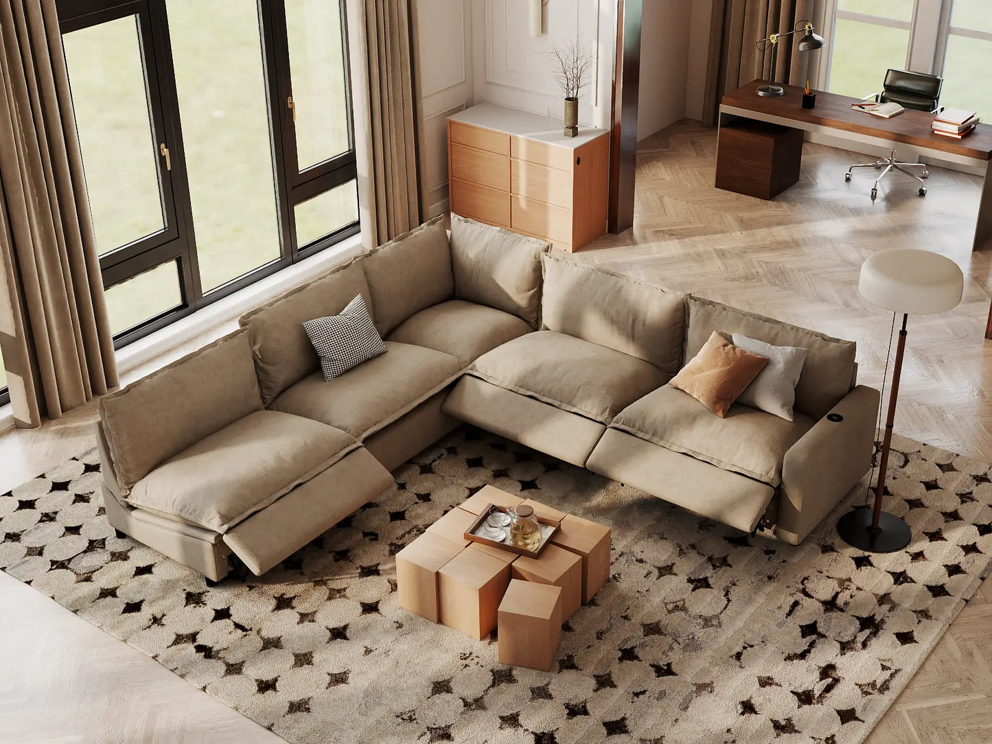 Modular Cero Reclining Sectionals | 5-Piece Khaki Linen Grand Estate V-Shaped Sectionals 5-Seater