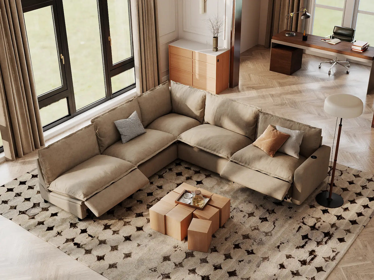 Modular Cero Reclining Sectionals | 5-Piece Khaki Linen Grand Estate V-Shaped Sectionals 5-Seater