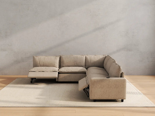 Modular Cero Reclining Sectionals | 5-Piece Khaki Linen Grand Estate V-Shaped Sectionals 5-Seater
