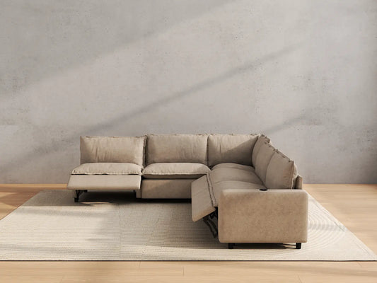 Modular Cero Reclining Sectionals | 5-Piece Khaki Linen Grand Estate V-Shaped Sectionals 5-Seater