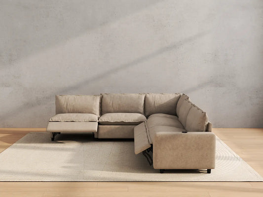 Modular Cero Reclining Sectionals | 5-Piece Khaki Linen Grand Estate V-Shaped Sectionals 5-Seater