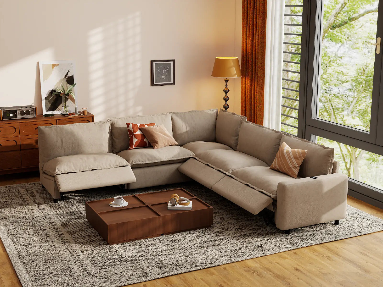 Modular Cero Recliner Sectional Sofa | 5-Piece Khaki Linen Grand Estate V-Shaped Sectionals 5-Seater