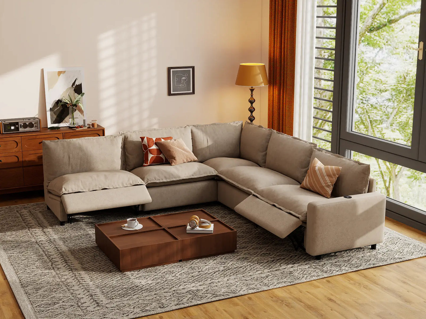 Modular Cero Reclining Sectionals | 5-Piece Khaki Linen Grand Estate V-Shaped Sectionals 5-Seater