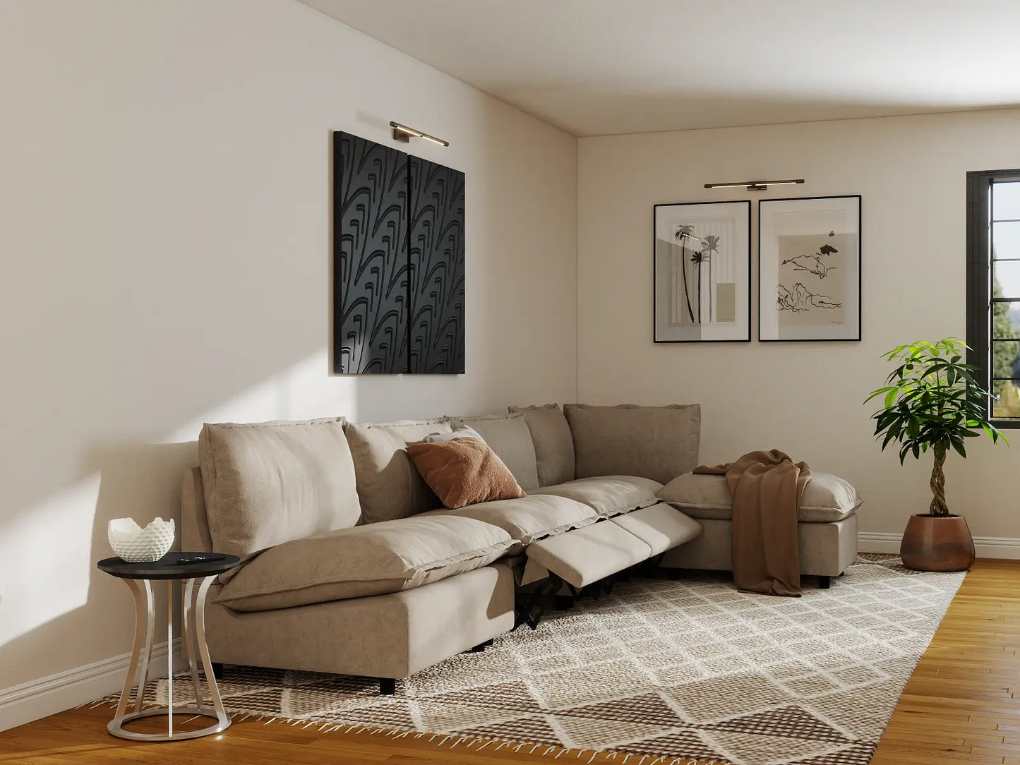 Modular Cero Reclining Sectionals | 5-Piece Khaki Linen Home Living L-Shaped Sectionals 4-Seater with 1-Ottoman
