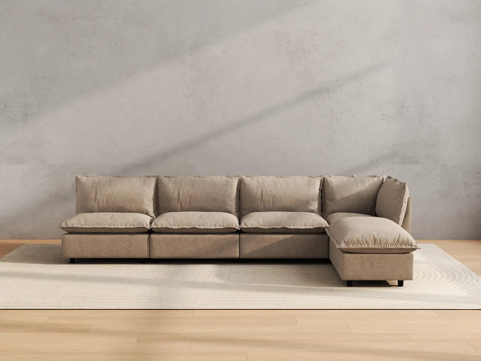 Modular Cero Reclining Sectional with Chaise | 5-Piece Khaki Linen Home Living L-Shaped Sectionals 4-Seater with 1-Ottoman