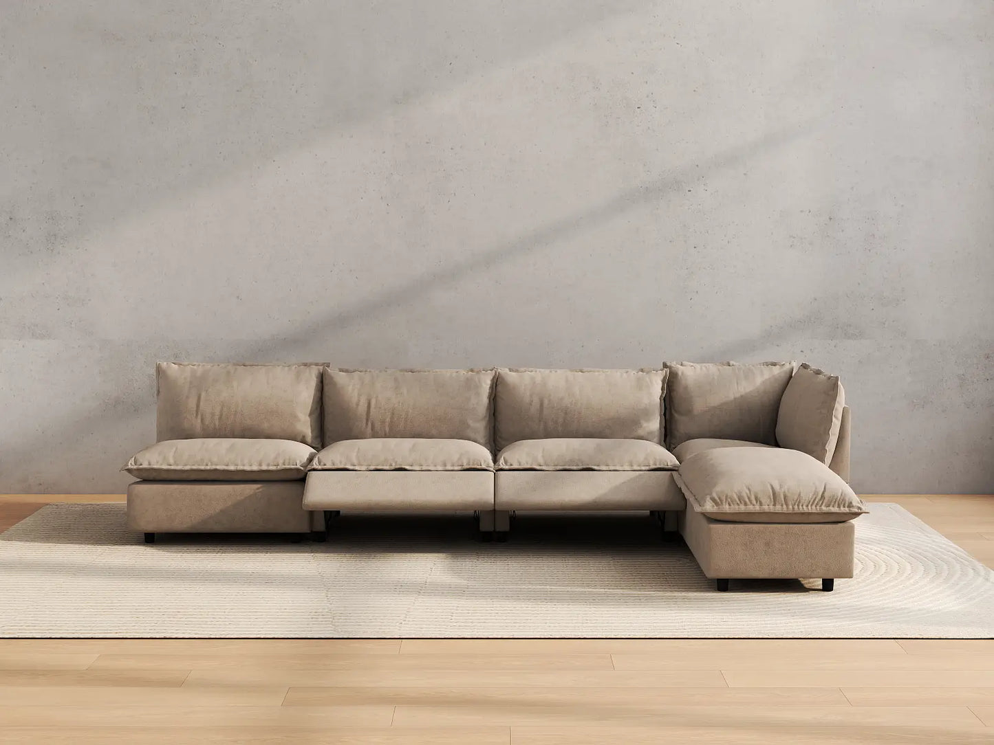 Modular Cero Reclining Sectionals | 5-Piece Khaki Linen Home Living L-Shaped Sectionals 4-Seater with 1-Ottoman