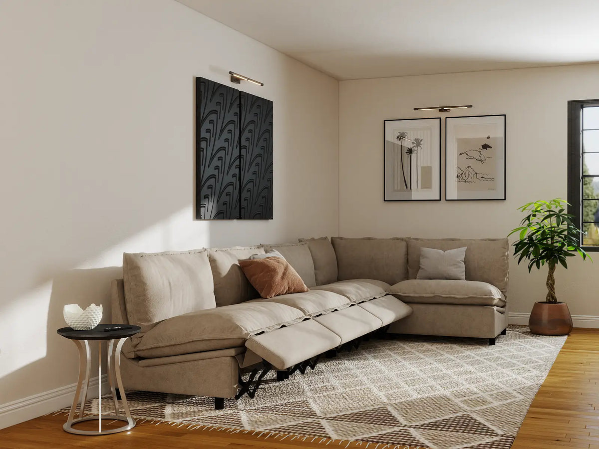 Modular Cero Reclining Sectionals | 5-Piece Khaki Linen Large Space L-Shaped Sectionals 5-Seater