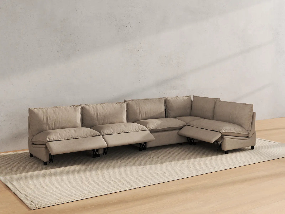 Modular Cero Reclining Sectionals | 5-Piece Khaki Linen Large Space L-Shaped Sectionals 5-Seater