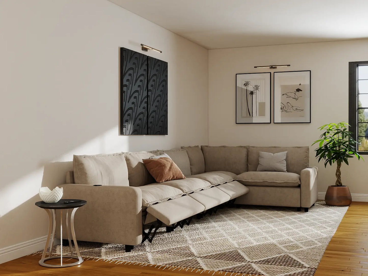 Modular Cero Reclining Sectionals | 5-Piece Khaki Linen Large Space L-Shaped Sectionals 5-Seater