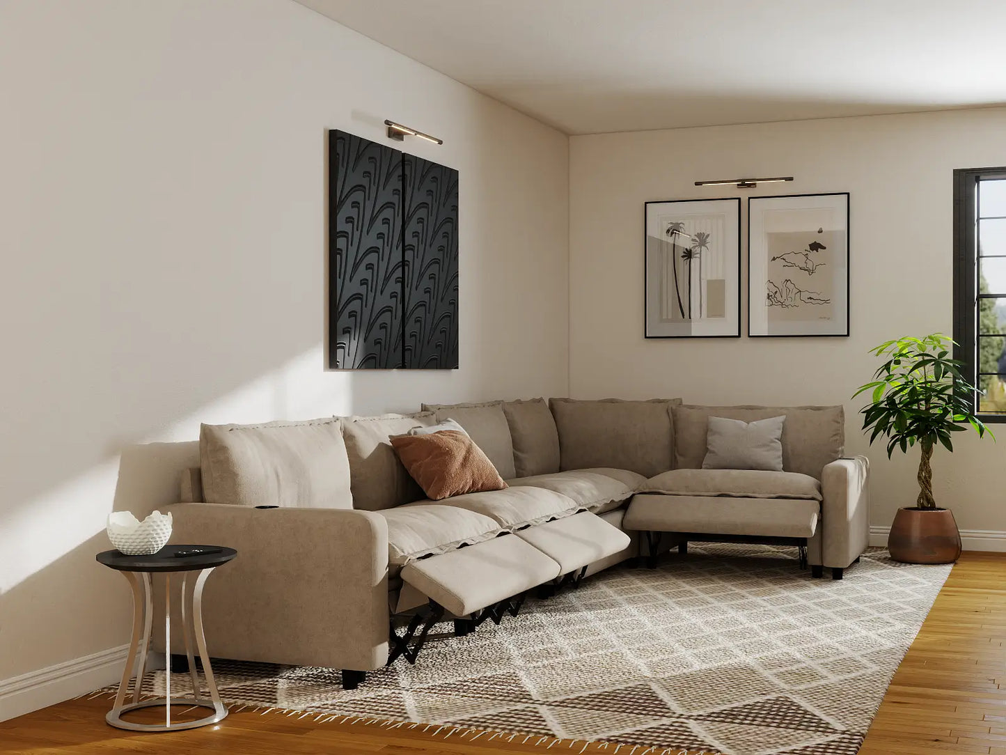 Modular Cero Reclining Sectionals | 5-Piece Khaki Linen Large Space L-Shaped Sectionals 5-Seater