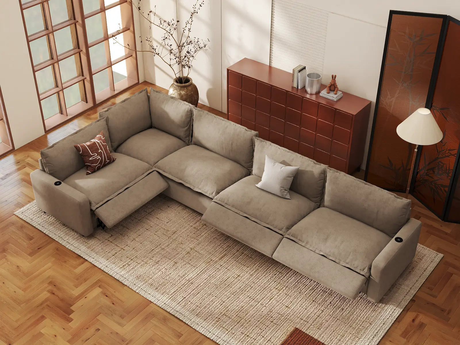 Modular Cero Reclining Sectionals | 5-Piece Khaki Linen Large Space L-Shaped Sectionals 5-Seater