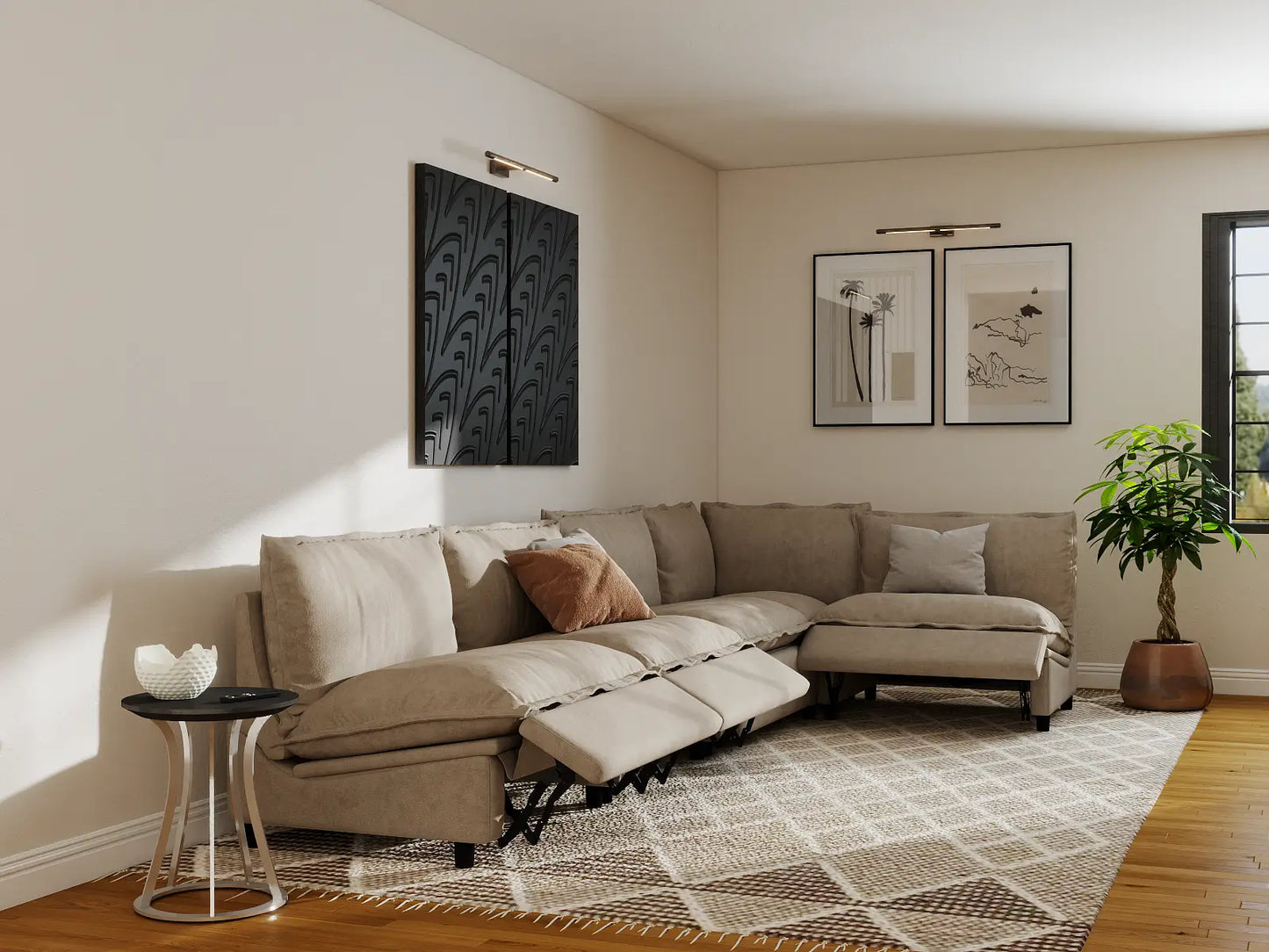 Modular Cero Reclining Sectionals | 5-Piece Khaki Linen Large Space L-Shaped Sectionals 5-Seater