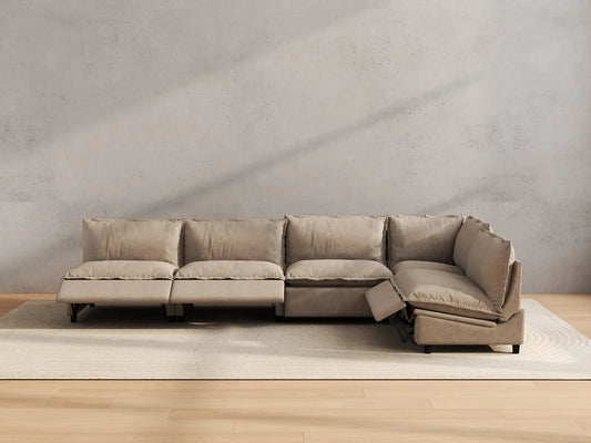 Modular Cero Reclining Sectionals | 5-Piece Khaki Linen Large Space L-Shaped Sectionals 5-Seater