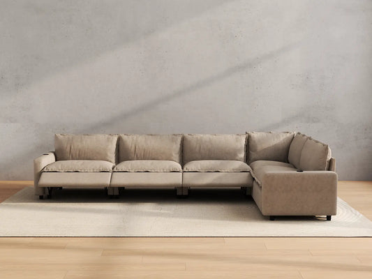 Modular Cero Reclining Sectionals | 5-Piece Khaki Linen Large Space L-Shaped Sectionals 5-Seater