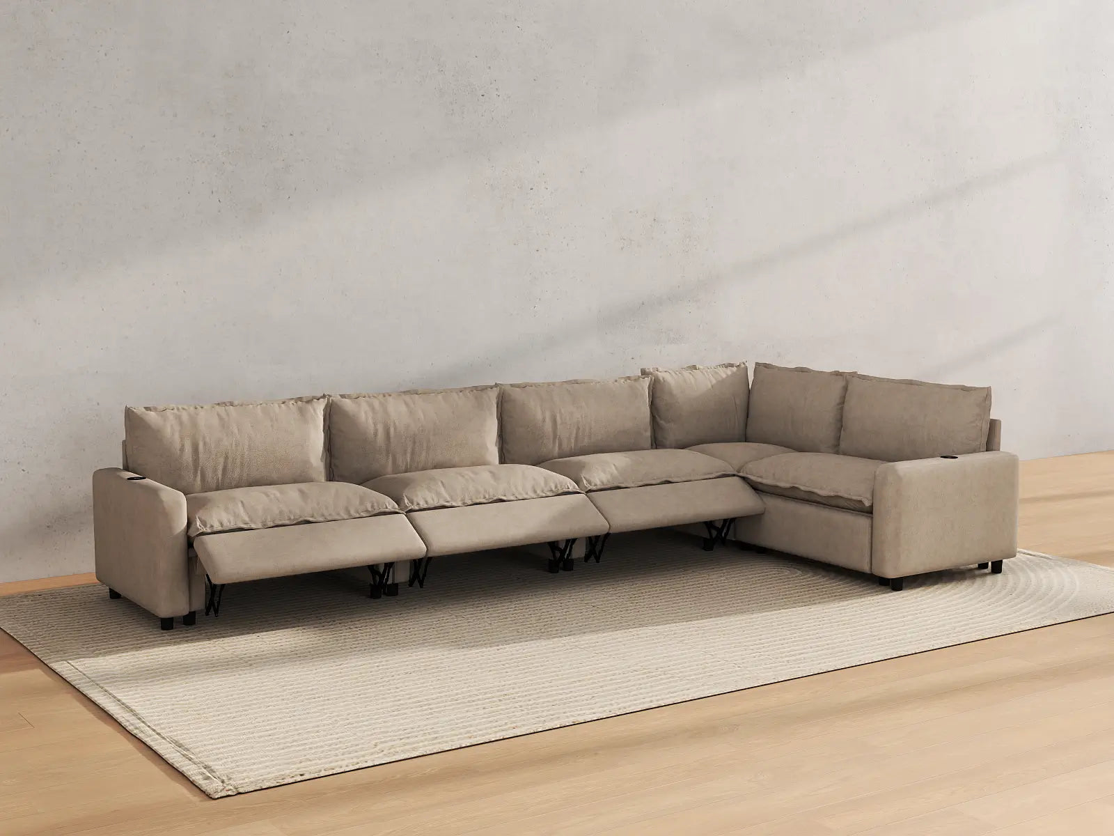 Modular Cero Reclining Sectionals | 5-Piece Khaki Linen Large Space L-Shaped Sectionals 5-Seater