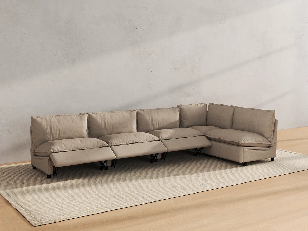 Modular Cero Reclining Sectionals | 5-Piece Khaki Linen Large Space L-Shaped Sectionals 5-Seater