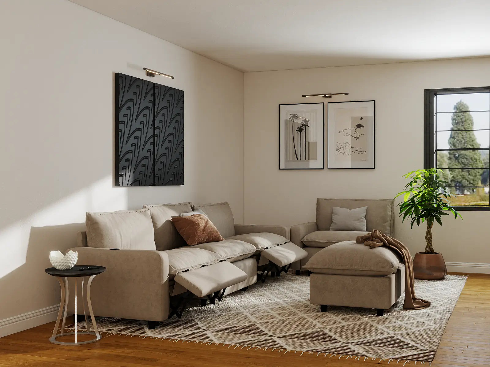Modular Cero Power Recliner Sofa Set | 5-Piece Khaki Linen Large Space Sofa Sets 4-Seater with 1-Ottoman