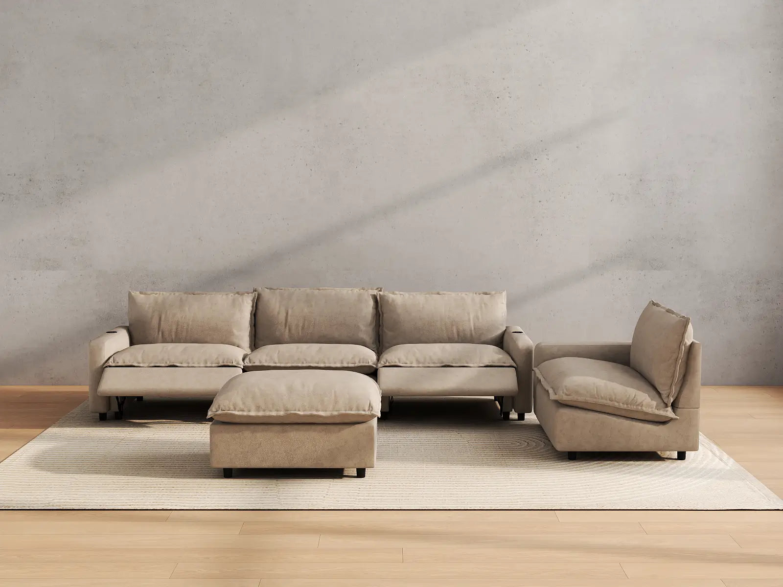 Modular Cero Power Recliner Sofa Set | 5-Piece Khaki Linen Large Space Sofa Sets 4-Seater with 1-Ottoman