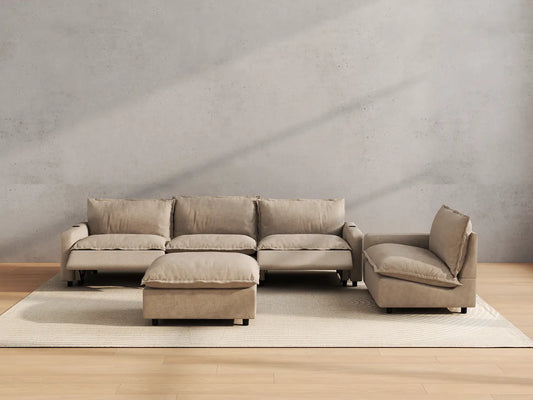 Modular Cero Reclining Sectionals | 5-Piece Khaki Linen Large Space Sofa Sets 4-Seater with 1-Ottoman