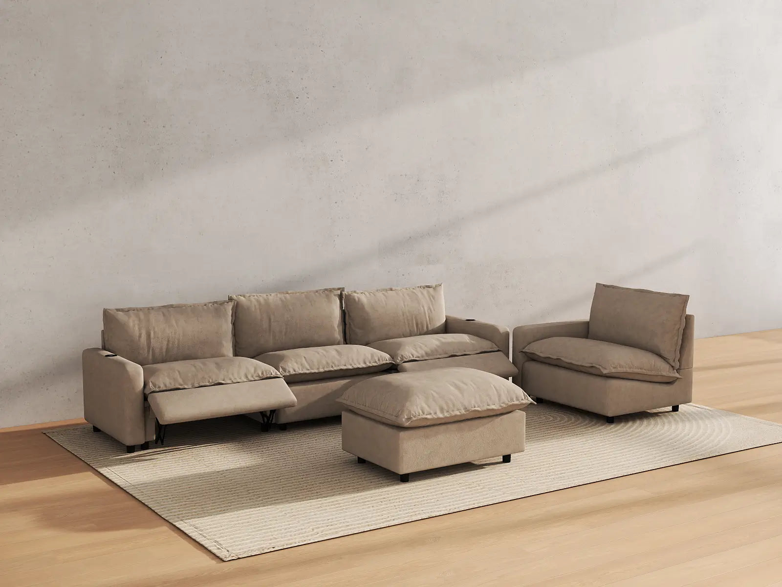 Modular Cero Power Recliner Sofa Set | 5-Piece Khaki Linen Large Space Sofa Sets 4-Seater with 1-Ottoman