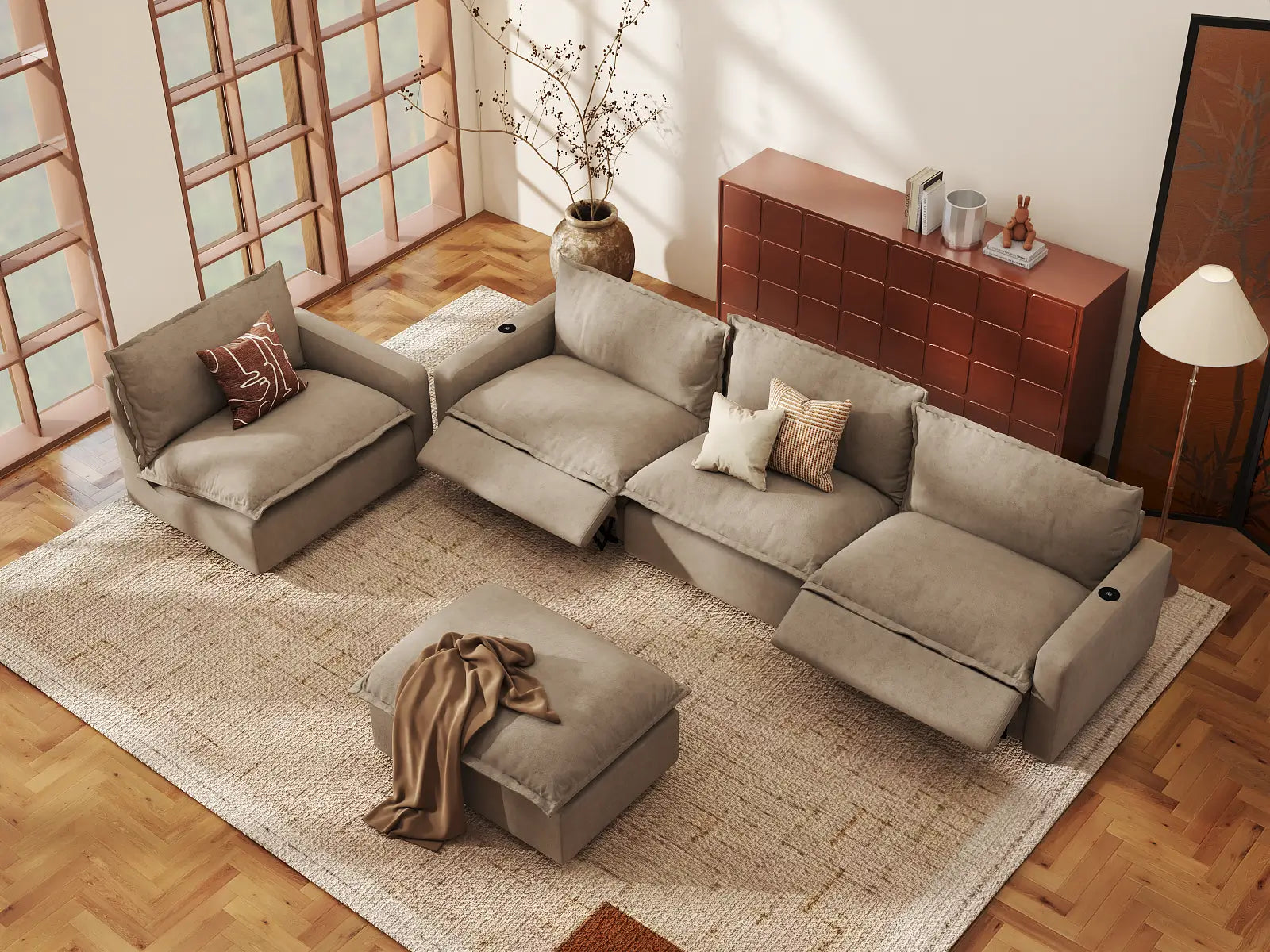 Modular Cero Power Recliner Sofa Set | 5-Piece Khaki Linen Large Space Sofa Sets 4-Seater with 1-Ottoman