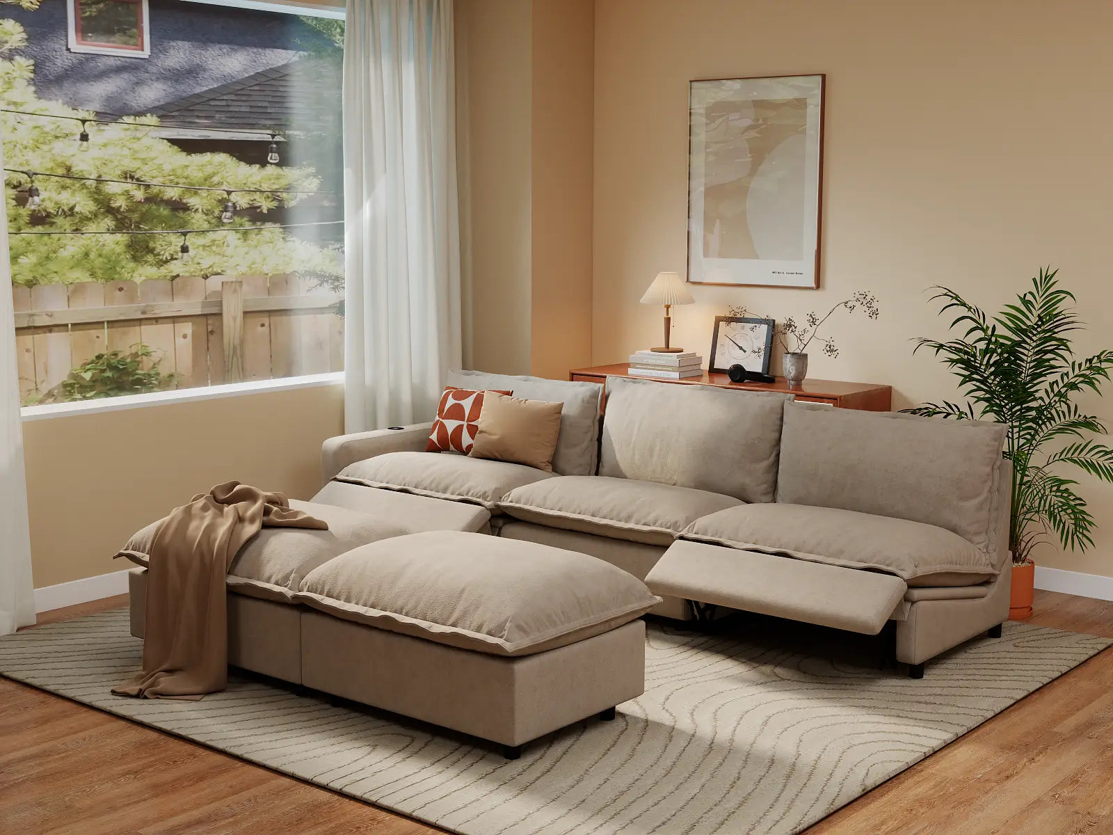 Modular Cero Reclining Sofa Set | 5-Piece Khaki Linen Open Plan Sofa Sets 3-Seater with 2-Ottomans
