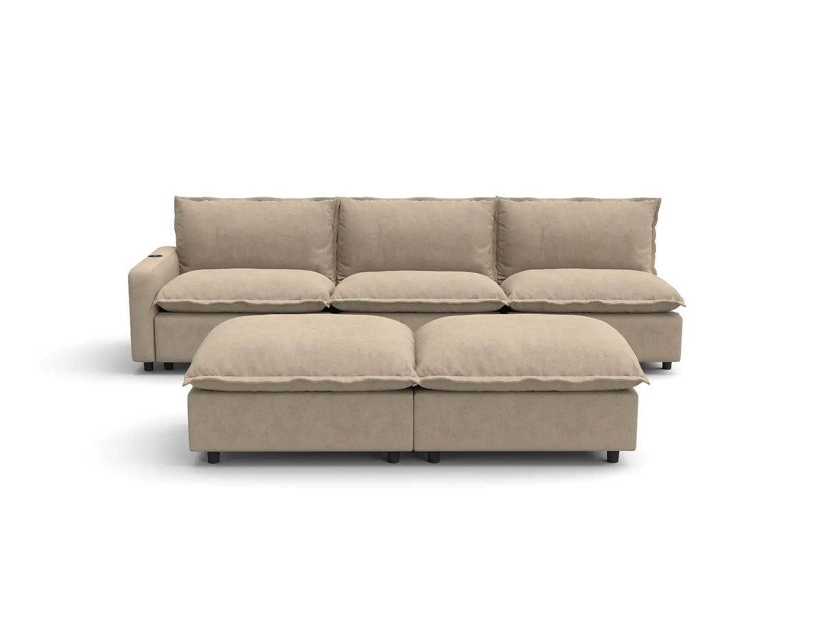 Modular Cero Reclining Sectionals | 5-Piece Khaki Linen Open Plan Sofa Sets 3-Seater with 2-Ottomans