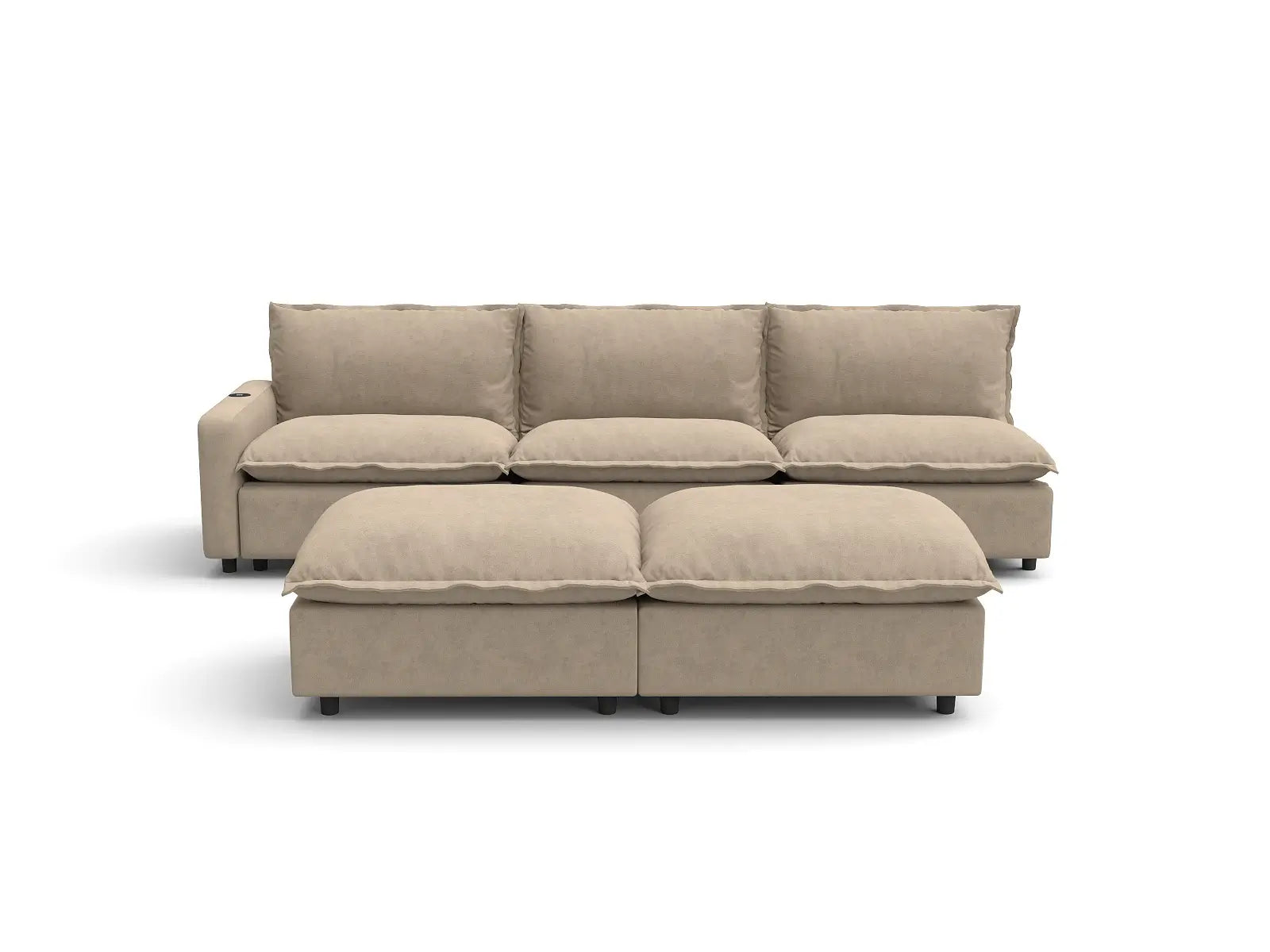 Modular Cero Reclining Sofa Set | 5-Piece Khaki Linen Open Plan Sofa Sets 3-Seater with 2-Ottomans
