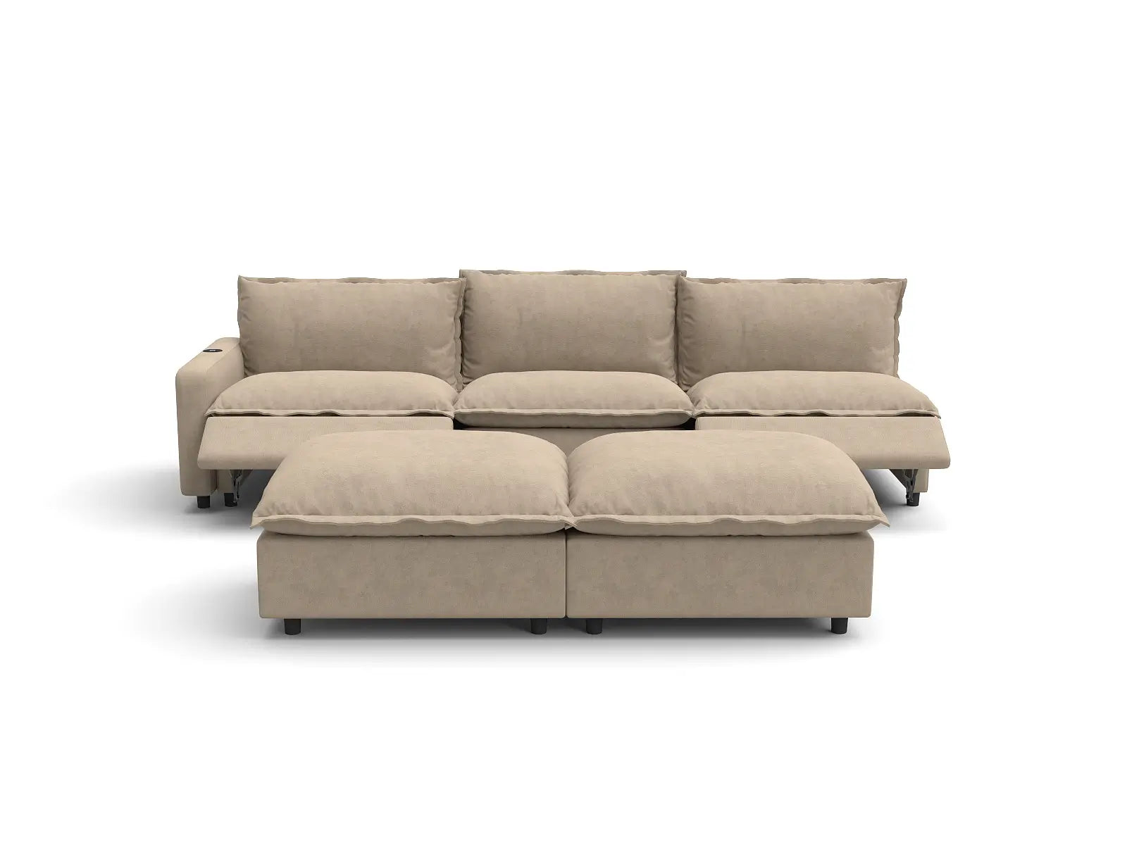 Modular Cero Reclining Sofa Set | 5-Piece Khaki Linen Open Plan Sofa Sets 3-Seater with 2-Ottomans