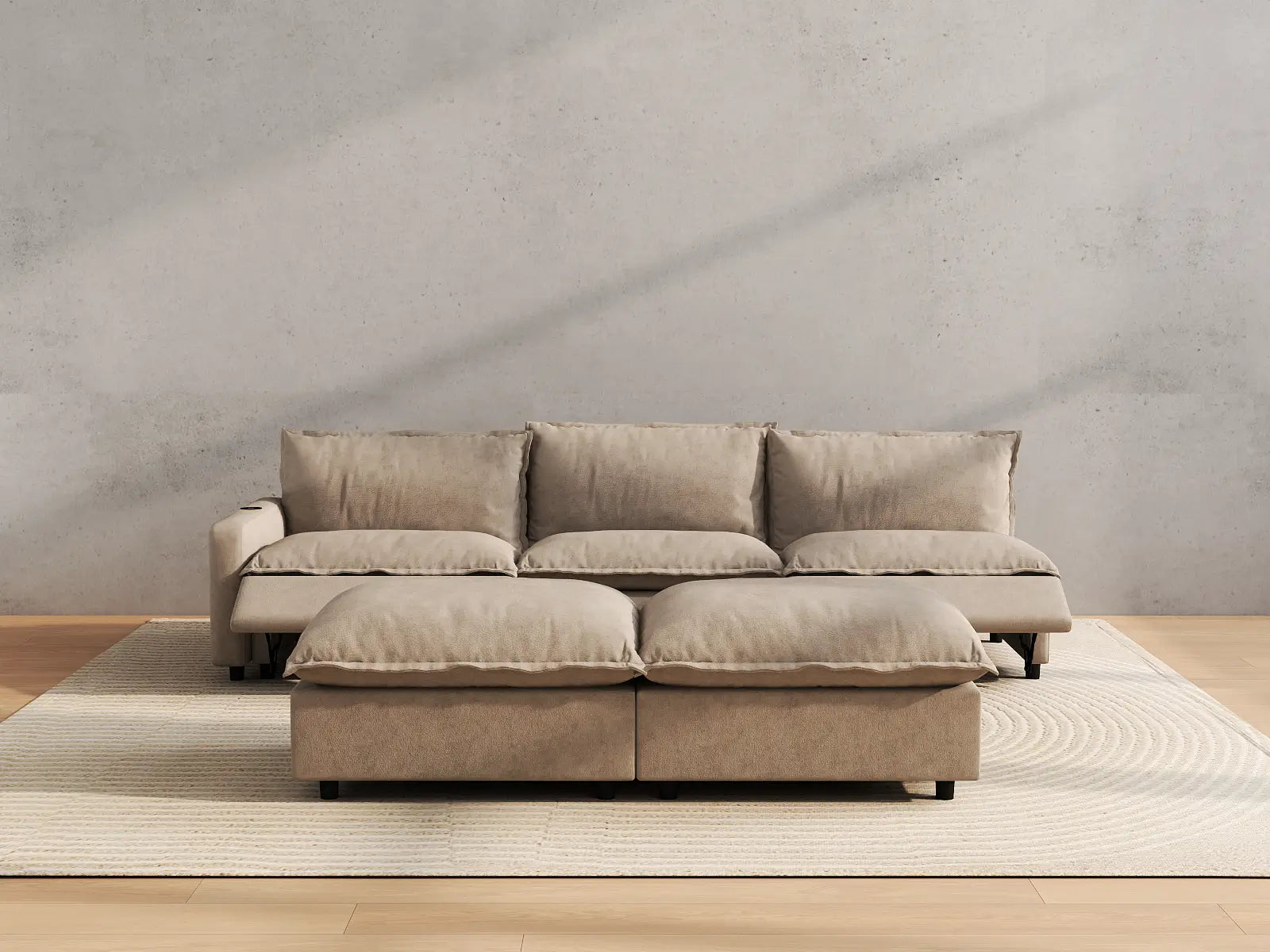 Modular Cero Reclining Sofa Set | 5-Piece Khaki Linen Open Plan Sofa Sets 3-Seater with 2-Ottomans