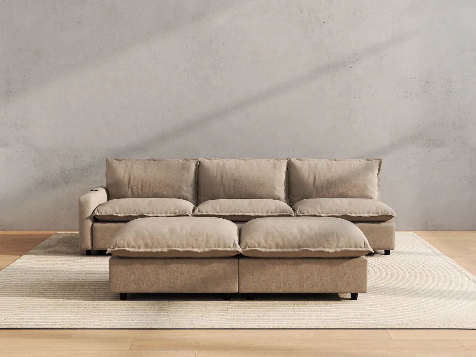 Modular Cero Reclining Sofa Set | 5-Piece Khaki Linen Open Plan Sofa Sets 3-Seater with 2-Ottomans