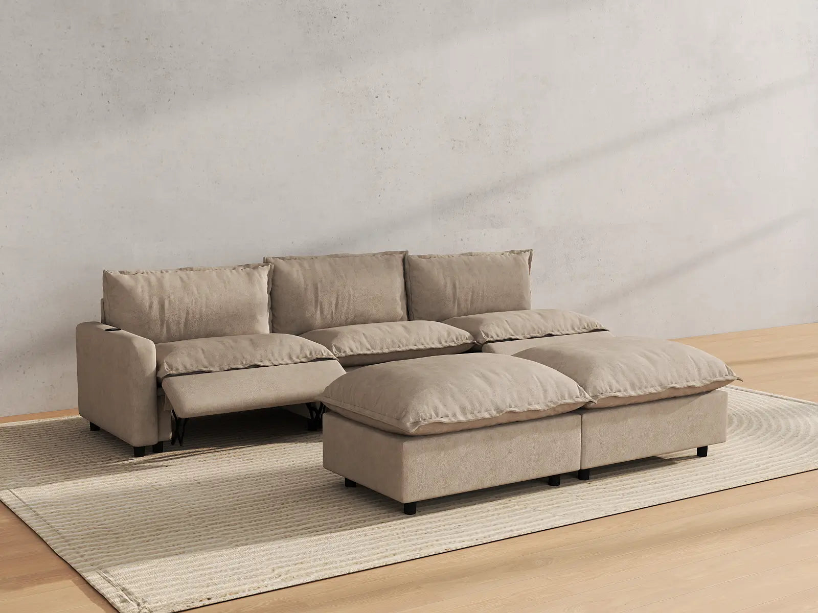 Modular Cero Reclining Sofa Set | 5-Piece Khaki Linen Open Plan Sofa Sets 3-Seater with 2-Ottomans