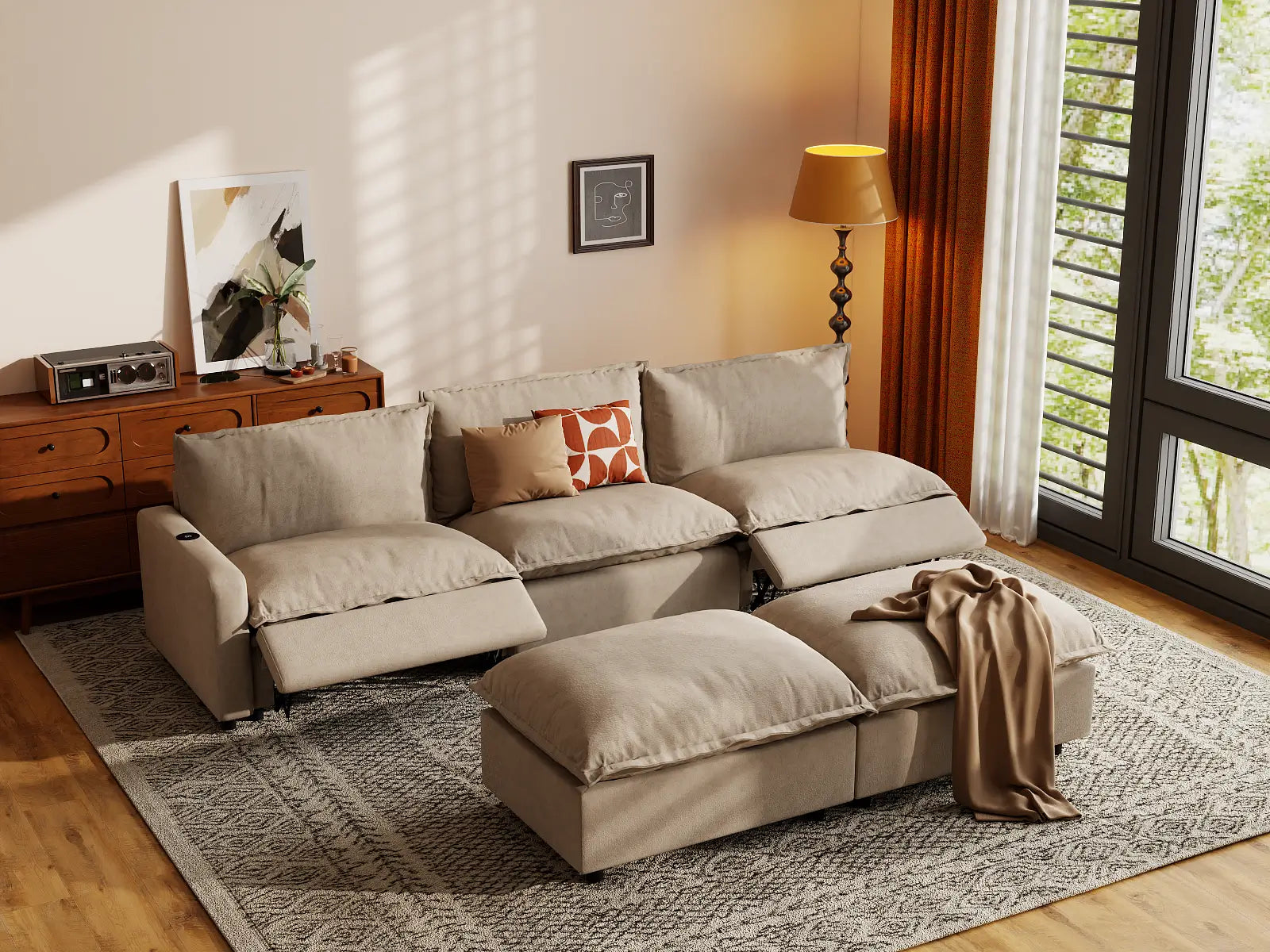 Modular Cero Reclining Sofa Set | 5-Piece Khaki Linen Open Plan Sofa Sets 3-Seater with 2-Ottomans