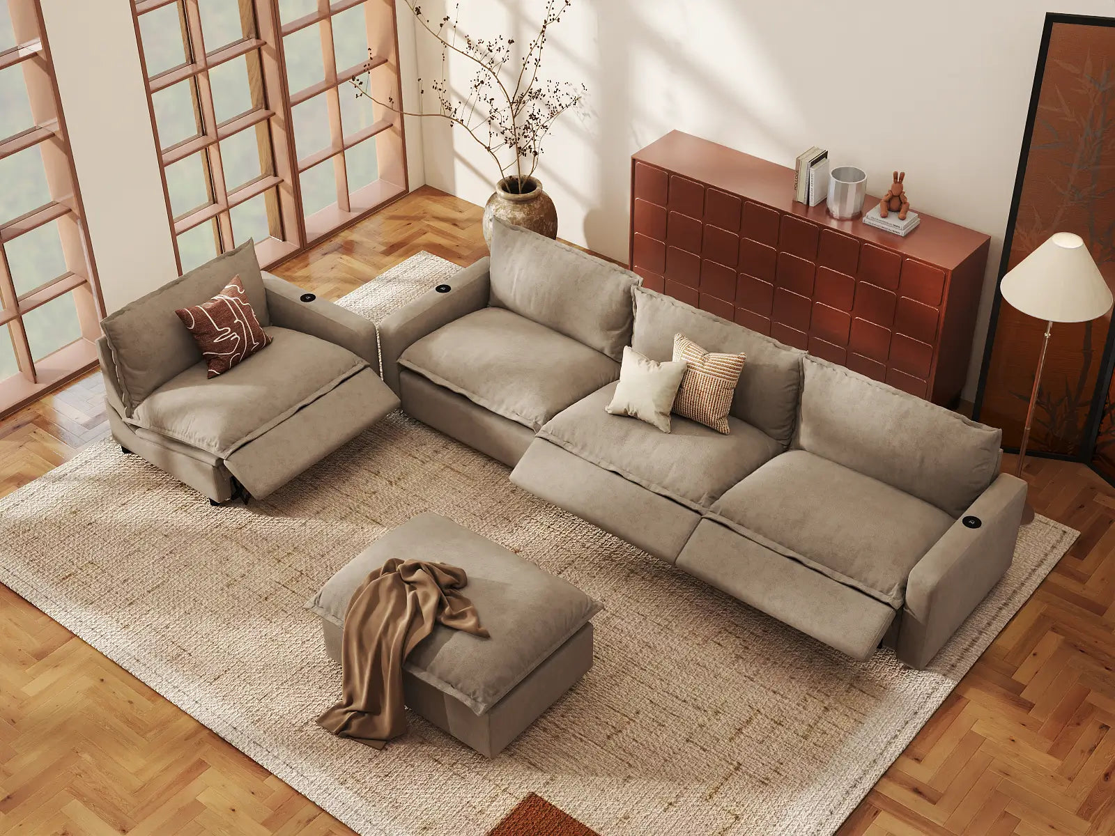 Modular Cero Sofa and Recliner Set Sale | 5-Piece Khaki Linen Open Plan Sofa Sets 4-Seater with 1-Ottoman