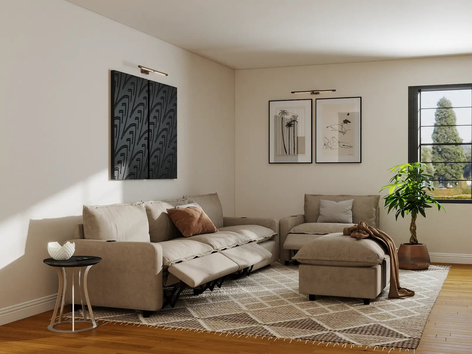 Modular Cero Sofa and Recliner Set Sale | 5-Piece Khaki Linen Open Plan Sofa Sets 4-Seater with 1-Ottoman
