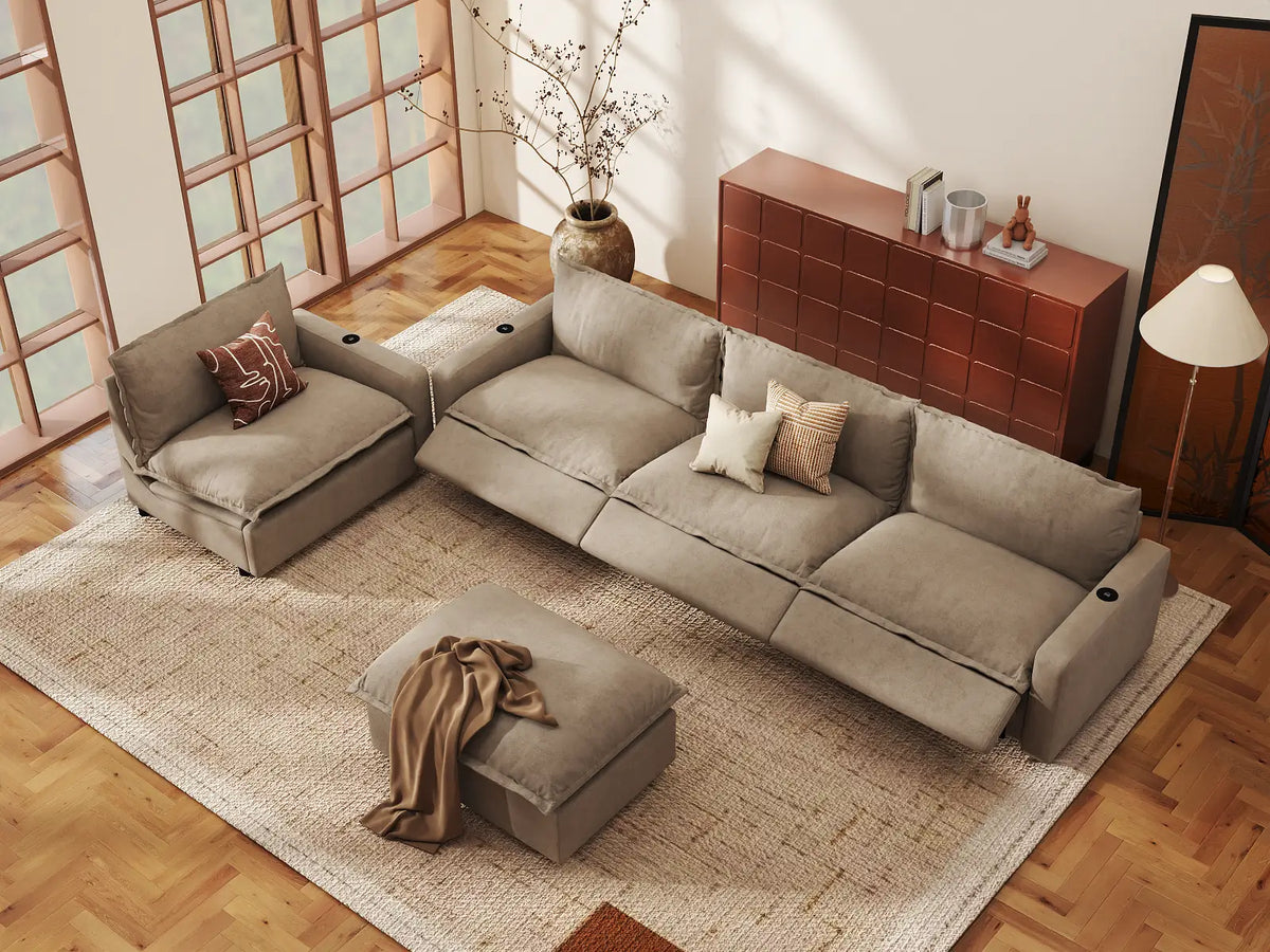 Modular Cero Reclining Sectionals | 5-Piece Khaki Linen Open Plan Sofa Sets 4-Seater with 1-Ottoman