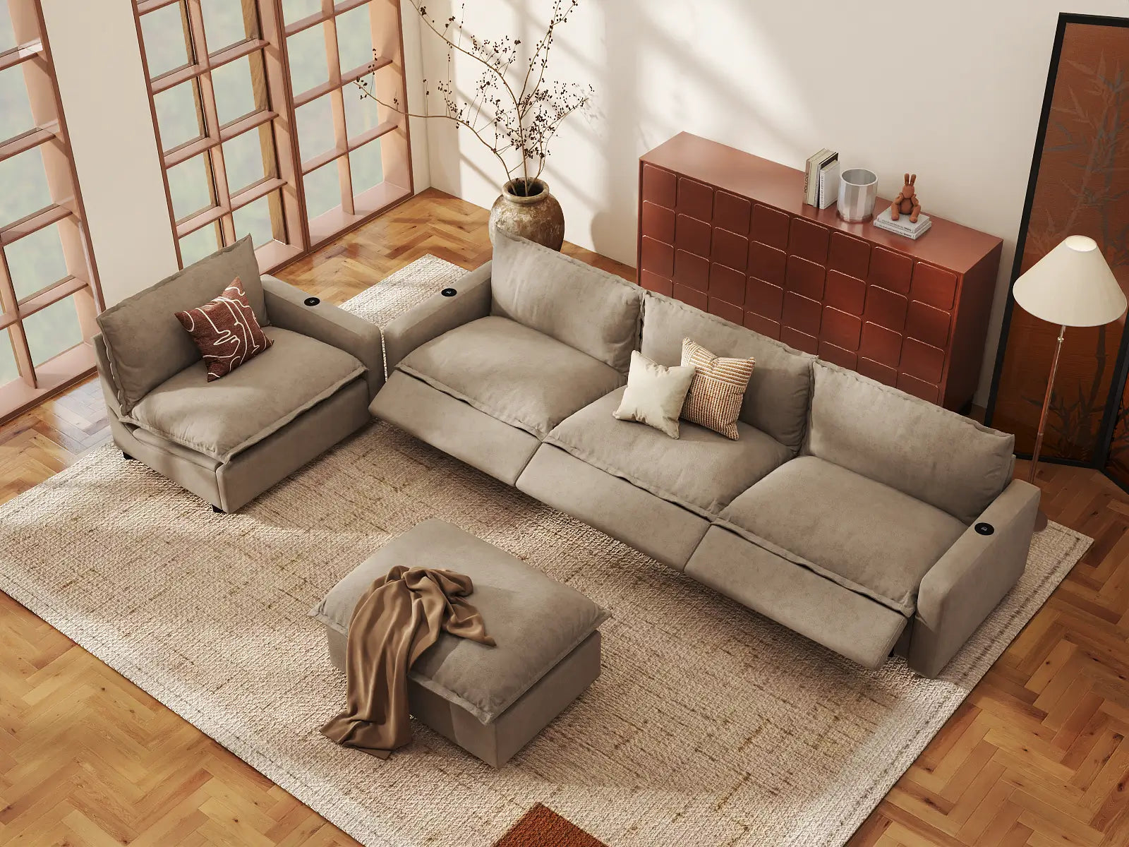 Modular Cero Sofa and Recliner Set Sale | 5-Piece Khaki Linen Open Plan Sofa Sets 4-Seater with 1-Ottoman