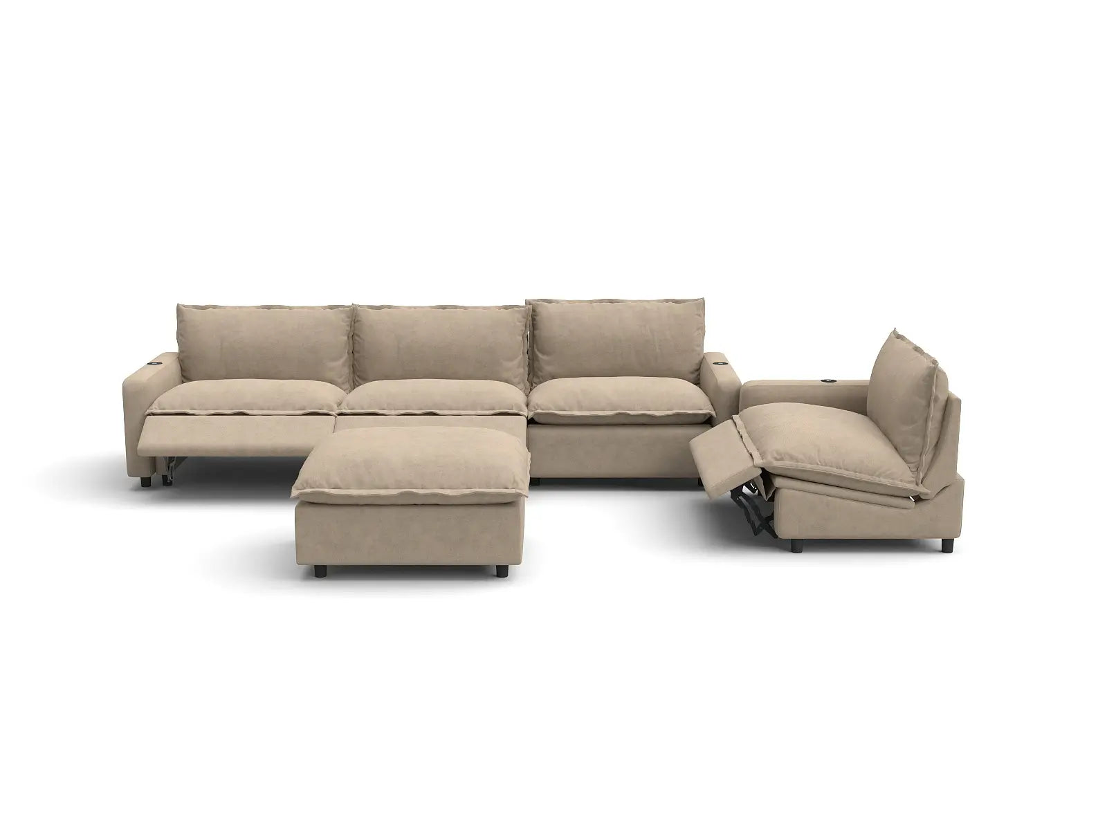 Modular Cero Sofa and Recliner Set Sale | 5-Piece Khaki Linen Open Plan Sofa Sets 4-Seater with 1-Ottoman