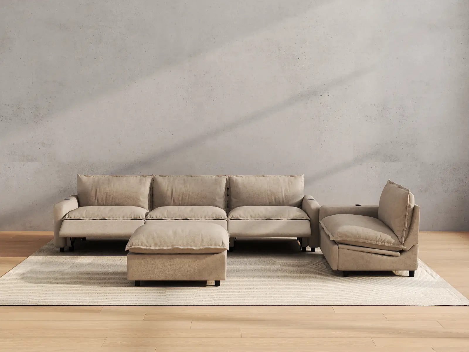 Modular Cero Sofa and Recliner Set Sale | 5-Piece Khaki Linen Open Plan Sofa Sets 4-Seater with 1-Ottoman