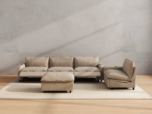 Modular Cero Reclining Sectionals | 5-Piece Khaki Linen Open Plan Sofa Sets 4-Seater with 1-Ottoman