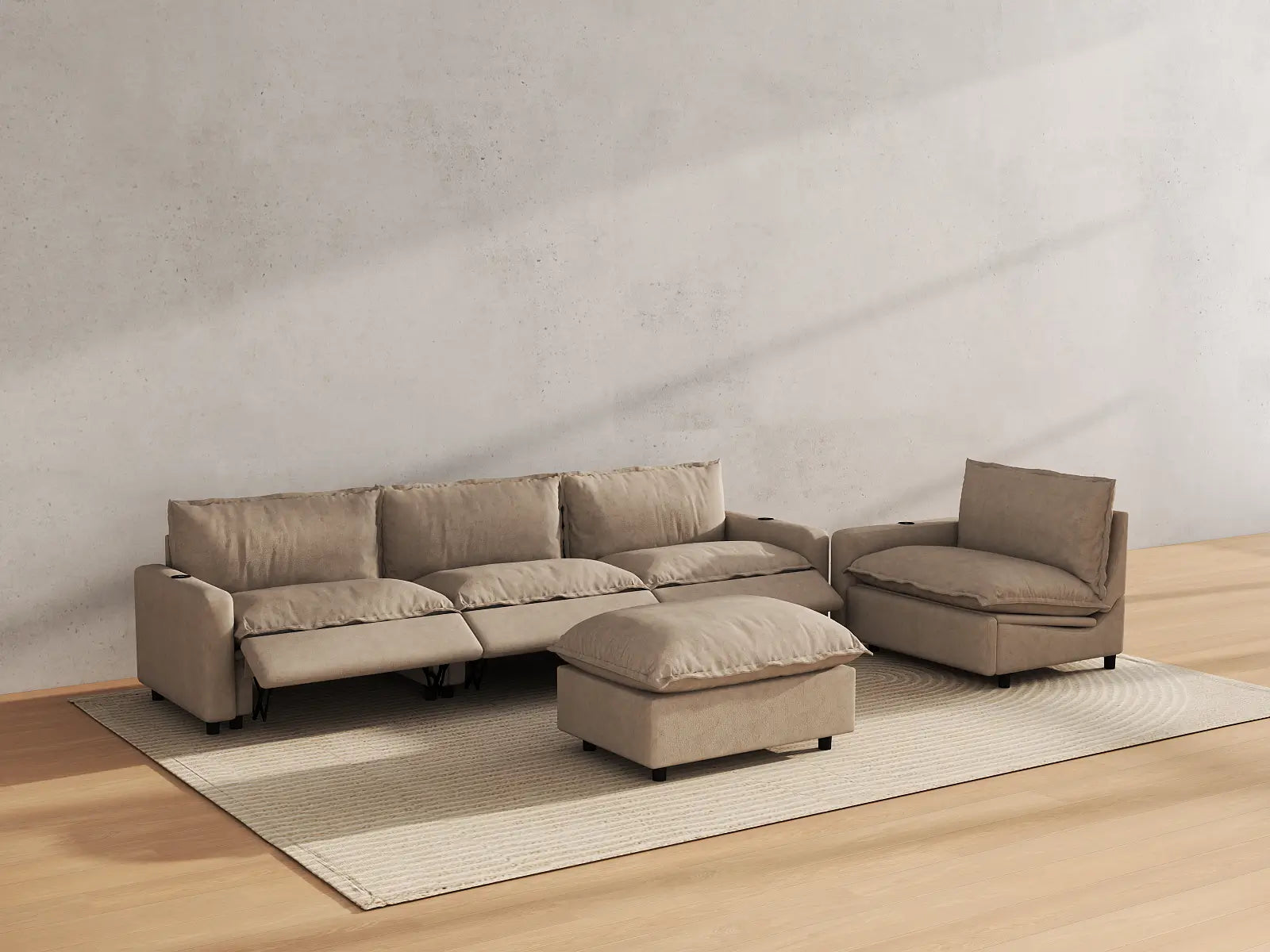 Modular Cero Sofa and Recliner Set Sale | 5-Piece Khaki Linen Open Plan Sofa Sets 4-Seater with 1-Ottoman