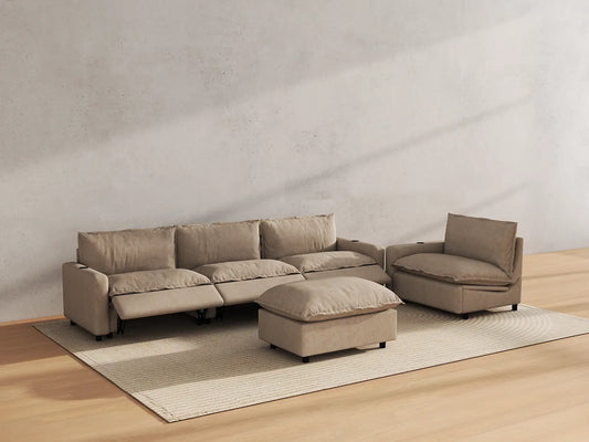 Modular Cero Reclining Sectionals | 5-Piece Khaki Linen Open Plan Sofa Sets 4-Seater with 1-Ottoman