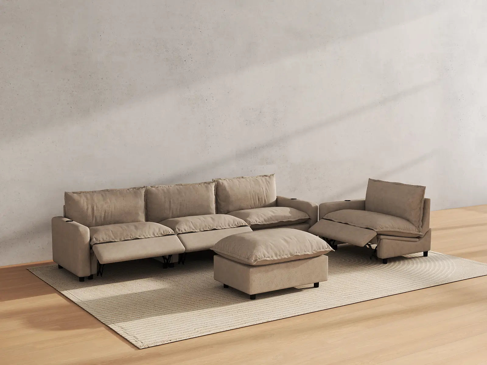 Modular Cero Sofa and Recliner Set Sale | 5-Piece Khaki Linen Open Plan Sofa Sets 4-Seater with 1-Ottoman