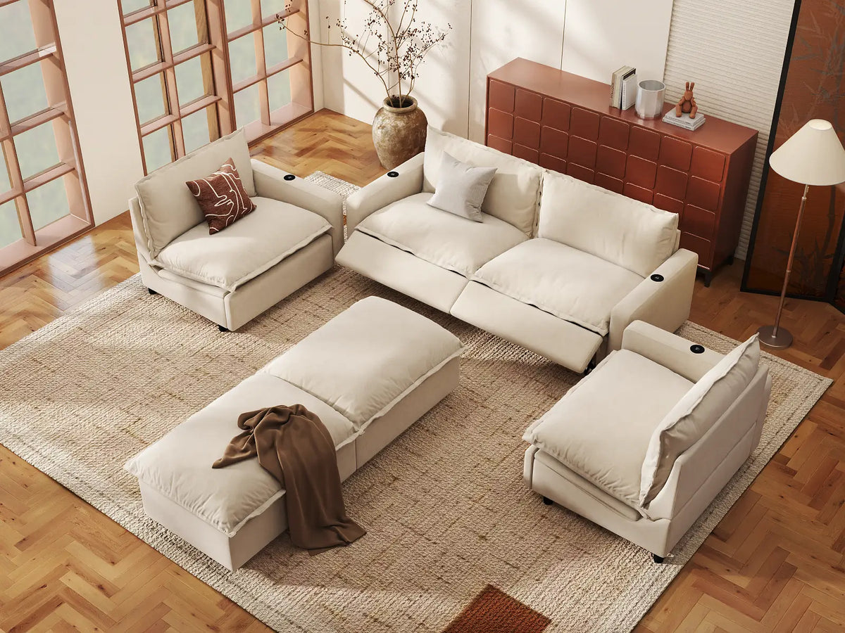 Modular Cero Reclining Sectionals | 6-Piece Beige Linen Grand Estate U-Shaped Sectionals 4-Seater with 2-Ottomans