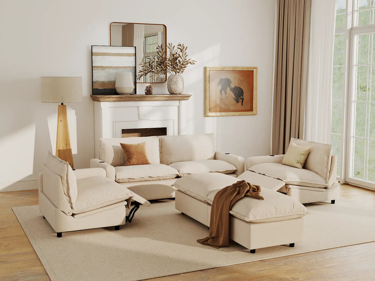 Modular Cero Reclining Sectionals | 6-Piece Beige Linen Grand Estate U-Shaped Sectionals 4-Seater with 2-Ottomans