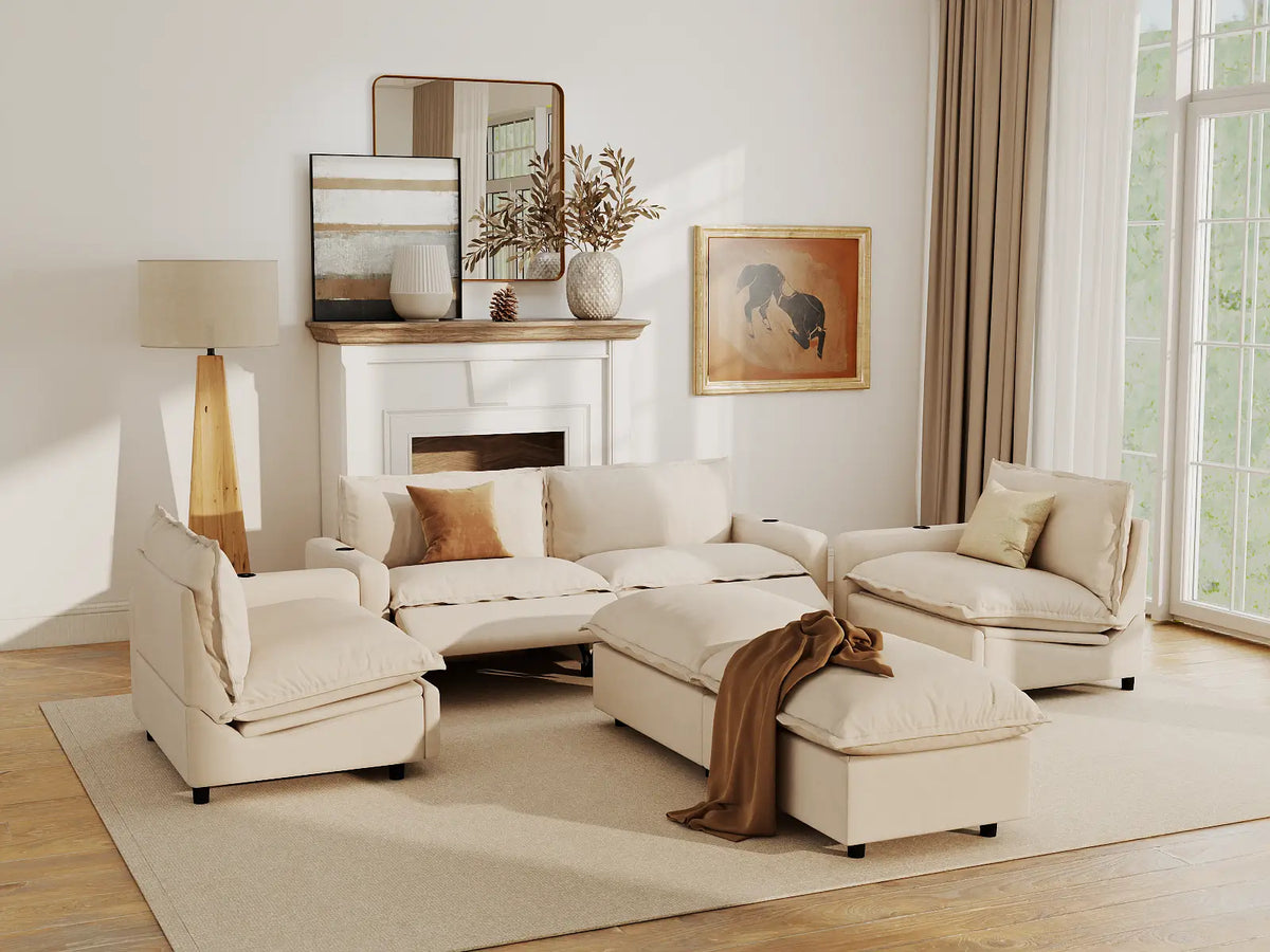 Modular Cero Reclining Sectionals | 6-Piece Beige Linen Grand Estate U-Shaped Sectionals 4-Seater with 2-Ottomans